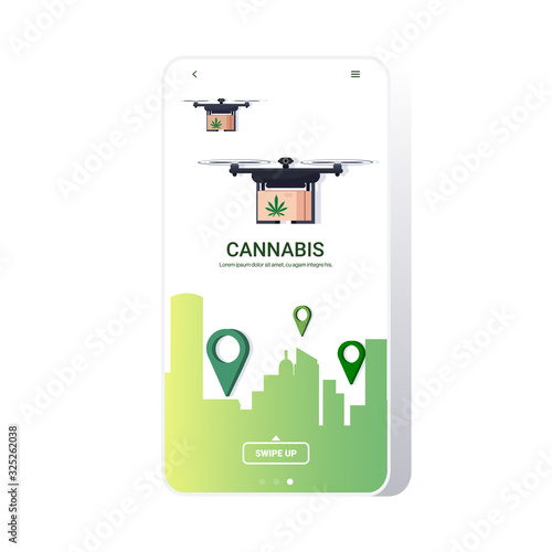 drones delivering cannabis parcel boxes marijuana legalization sky transportation shipping air mail express delivery concept cityscape background smartphone screen mobile app copy space vector