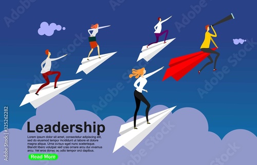 Red paper airplane flying on front. Business concept of team leadership. Copy space for text input. Vector illustrations in flat design.