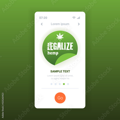 medical natural cannabis or marijuana leaf on smartphone screen hemp legalize drug consumption concept mobile app copy space vector illustration