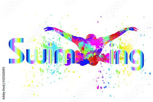 Popular Swimming Logo Design. Colorful Text Sports Background. Water splash paint. Icon, Symbol, Silhouette, Exercises, Healthcare. Vector illustration.