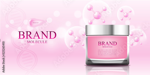 Cosmetic molecule pink background with 3d packaging vector illustration