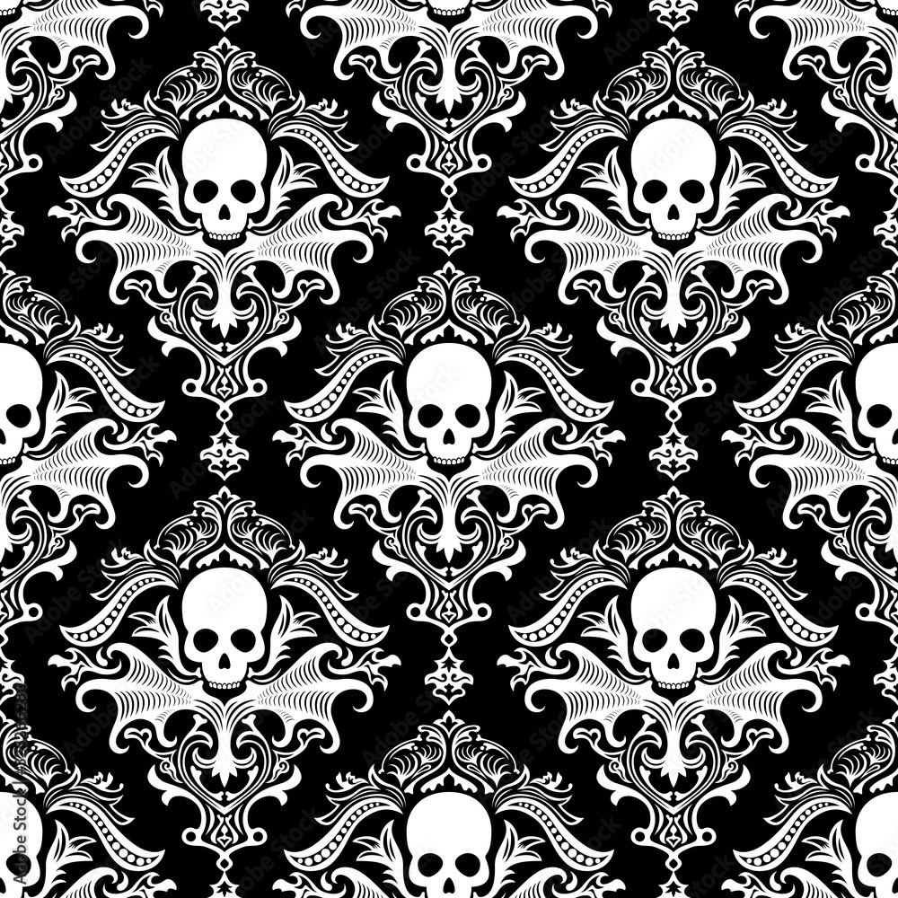 Gothic Skulls damask style black and white seamless pattern