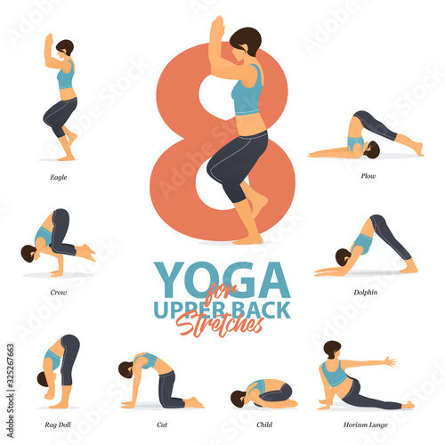 Infographic of 8 Yoga poses for upper back stretches in flat design. Beauty woman is doing exercise for body stretching. Set of yoga sequence Infographic. Yoga Cartoon Vector art and Illustration.