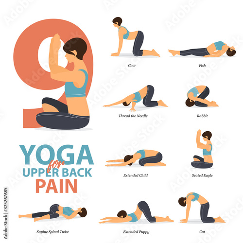 Fototapeta Infographic of 9 Yoga poses for upper back pains in flat design. Beauty woman is doing exercise for body stretching. Set of yoga sequence Infographic. Yoga Cartoon Vector art and Illustration.
