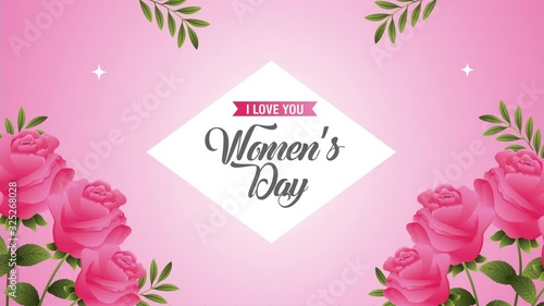happy womens day card with pink roses flowers diamond frame