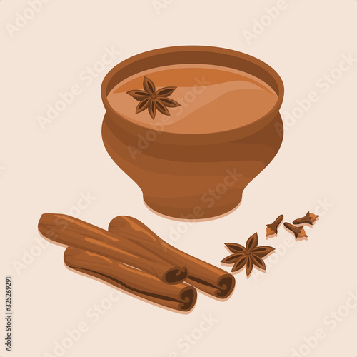 Editable Top Side View Indian Masala Chai in Pottery Cup Vector Illustration With Assorted Herb Spices for Artwork Element of Beverages With South Asian Culture and Tradition Design