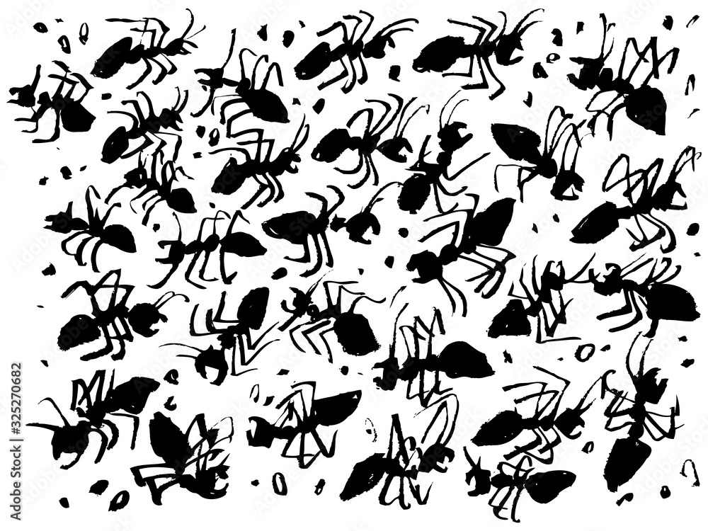 Ink and brush drawn ants, calligraphy. Black and white illustration. Background picture, texture. It can be useful for packaging branded goods, posters, banners, wallpapers, fabrics, t-shirts. Ink and brush drawn ants, calligraphy. Black and white illustration. Background picture, texture. It can be useful for packaging branded goods, posters, banners, wallpapers, fabrics, t-shirts.