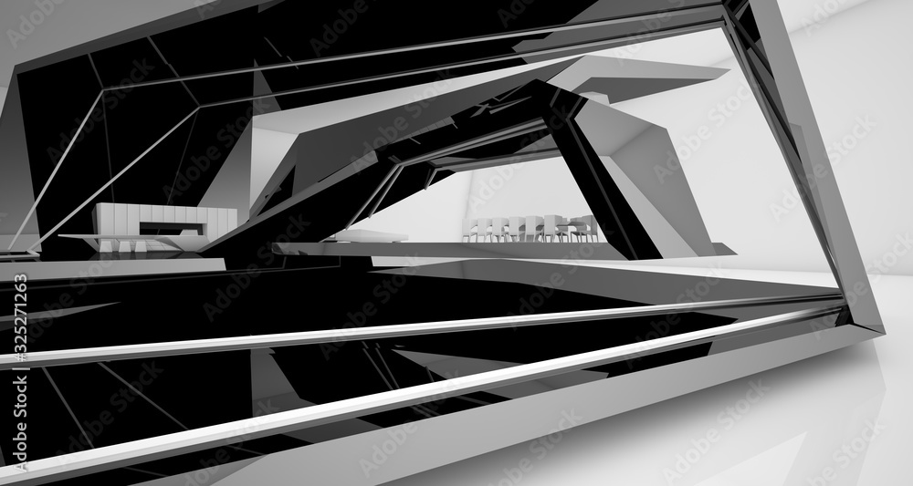 Abstract architectural black and white interior of a modern villa. 3D illustration and rendering.