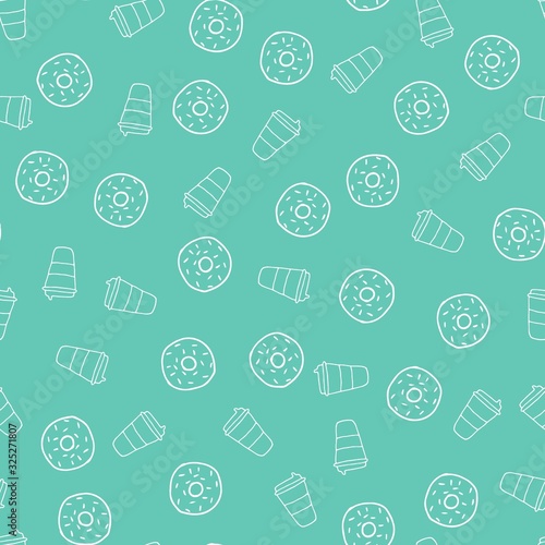 Doodle cups of coffee and donuts. Vector illustration. Takeout beverage. Seamless pattern background. Wrapping paper.