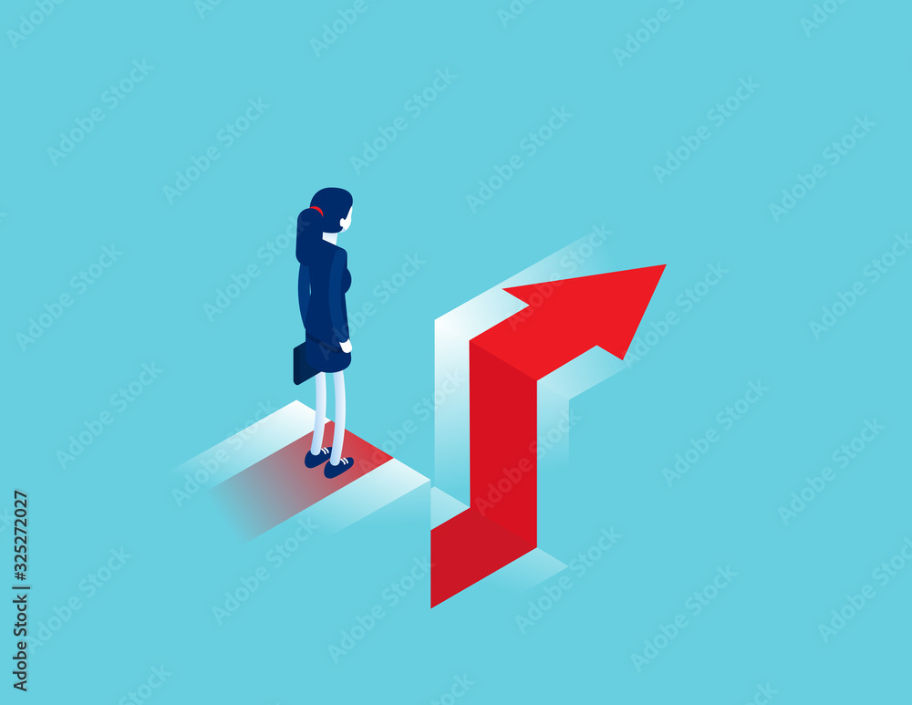 Standing on the edge of gap. Business challenge or obstacle concept. Isometric vector cartoon style