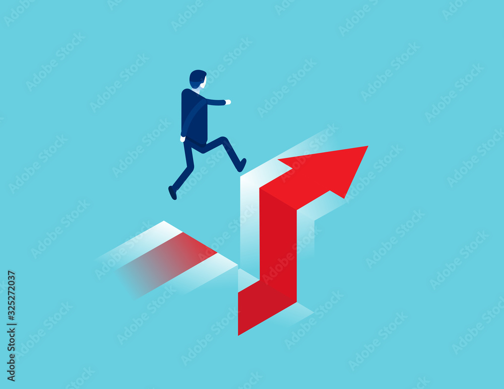 Business jumps over a cliff. Edge of gap concept. Isometric vector cartoon style Business jumps over a cliff. Edge of gap concept. Isometric vector cartoon style
