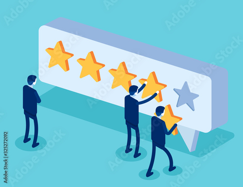 Clients choosing satisfaction rating and leaving positive review. Character and five star feedback. Flat isometric vector style