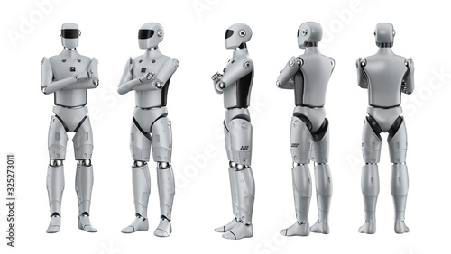 set of artificial intelligence cyborgs or robots arm crossed
