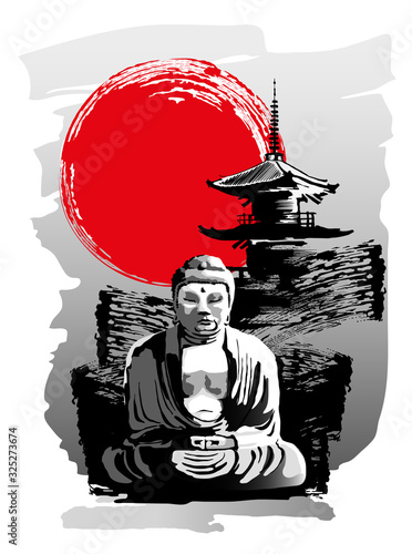 Buddha statue on the background of the pagoda. Vector illustration in traditional oriental style.