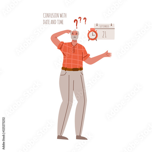 old people with dementia signs and symptoms, confused aged senior men with mental problems, Alzheimers or Parkinsons disease, confusion with calendar date and time - vector isolated person on white