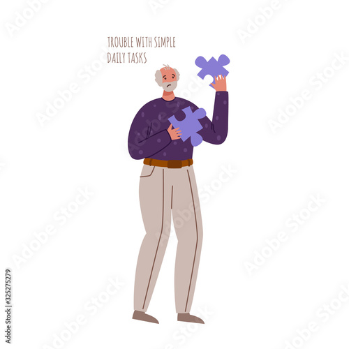old people with dementia signs and symptoms, confused aged senior men with mental problems, Alzheimers or Parkinsons disease, difficulty solving simple daily tasks - vector isolated person on white