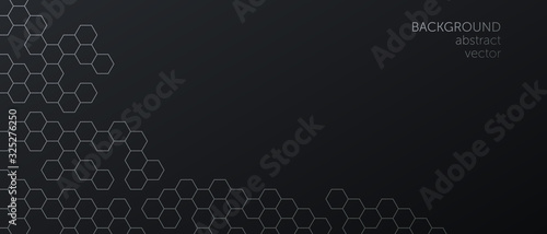 Vector abstract, geometric background, hexagonal shapes in metallic tint on a dark gradient background. For banner, printing design, place for text. Copyspace.