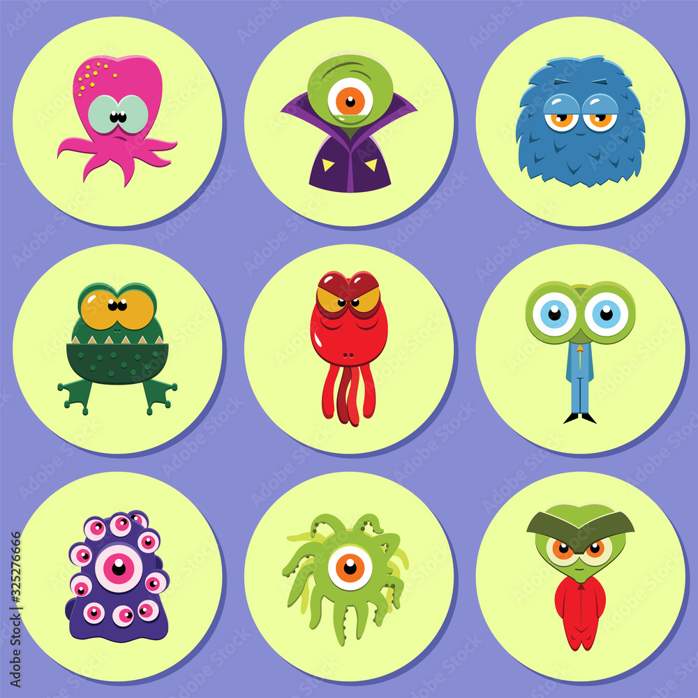Monster cupcake toppers. Set of 9 cupcake toppers with illustrations of funny monsters in cartoon style. Vector 8 EPS. Monster cupcake toppers. Set of 9 cupcake toppers with illustrations of funny monsters in cartoon style. Vector 8 EPS.