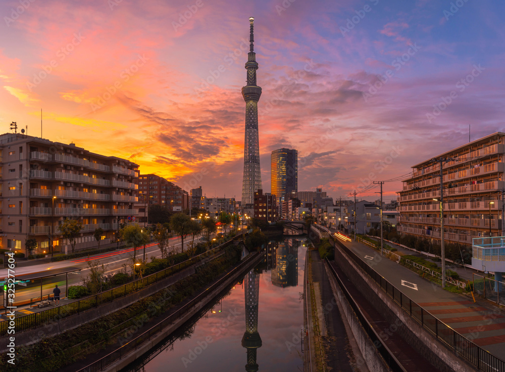  Panorama TwilightTokyo Sky Tree in the Kitajukken River in Japan.