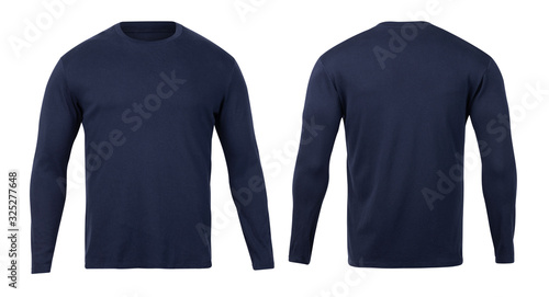 Navy long sleeve t-shirt front and back view mock-up isolated on white background with clipping path. photo
