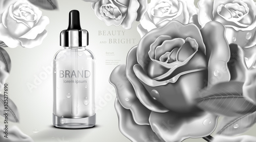 Luxury cosmetic Bottle package skin care cream, Beauty cosmetic product poster, with Rose background