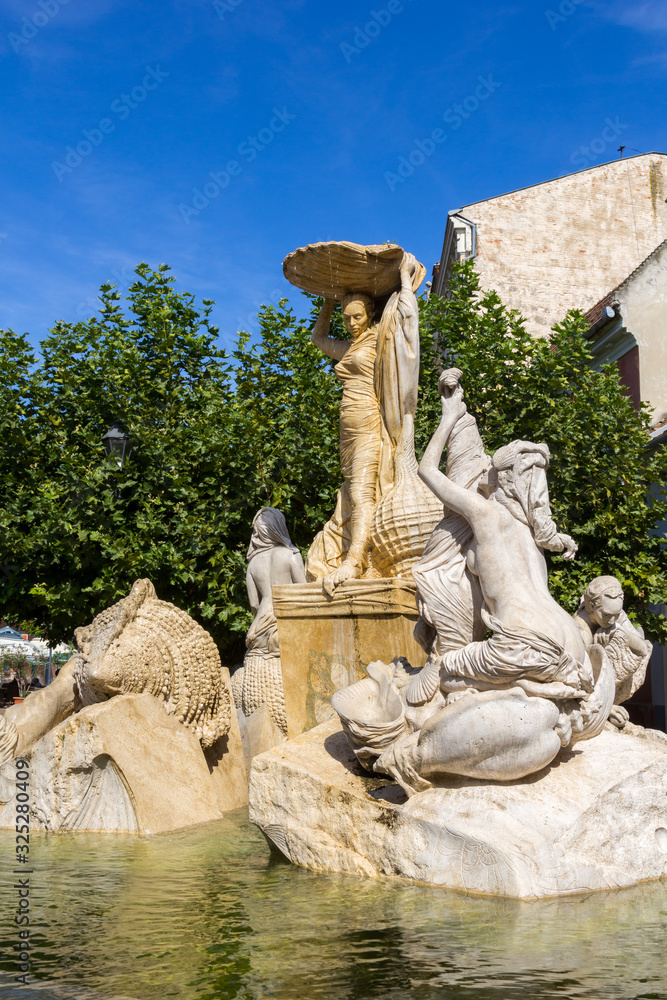 Esztergom, Hungary - September 14, 2019: The Ister Fountainin in center of Esztergom city, Hungary