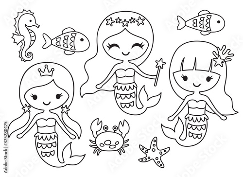Vector illustration of black and white mermaid and fish outline for coloring.