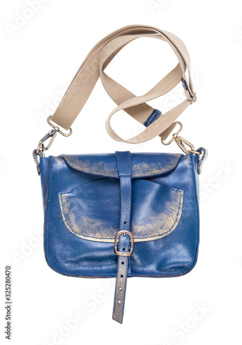 closed handmade blue handbag with textile strap