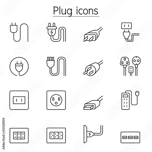 Plug, socket, outlet icons set in thin line style