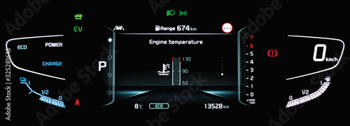 Illustration of modern LCD instrument cluster with digital engine temperature gauge in center. Car dashboard panel with speedometer, tachometer, fuel gauge, gear position indicator in hybrid vehicle.
