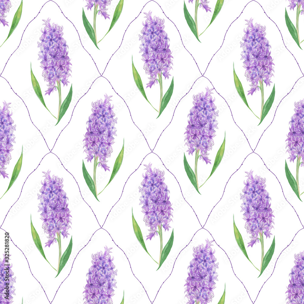 Seamless watercolor pattern. Blue hyacinth with green leaves on a white background.