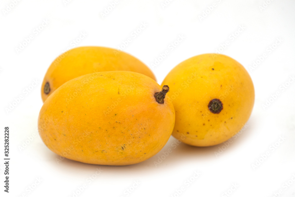Group of tasty yellow mangoes on white background