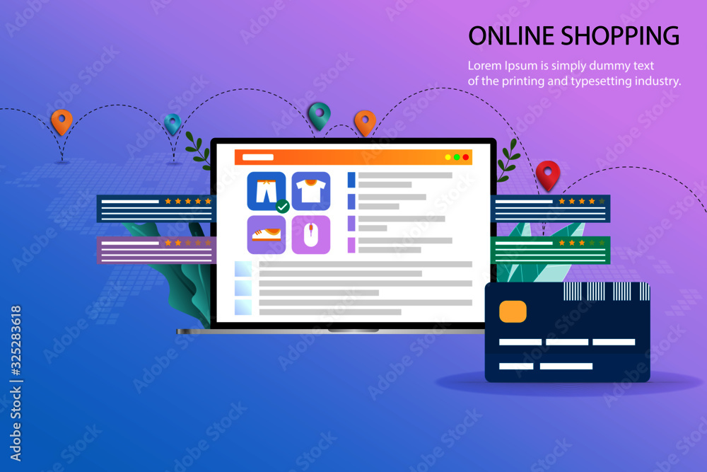 Concept of online shopping, the display of laptop show list of products, description, customer rating and reviews. The credit card is in the front. Map and route of the shipments in pastel background. Concept of online shopping, the display of laptop show list of products, description, customer rating and reviews. The credit card is in the front. Map and route of the shipments in pastel background.