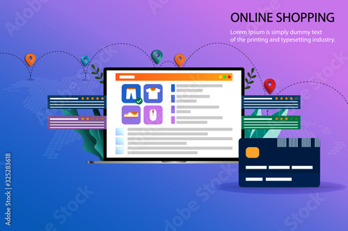 Concept of online shopping, the display of laptop show list of products, description, customer rating and reviews. The credit card is in the front. Map and route of the shipments in pastel background.