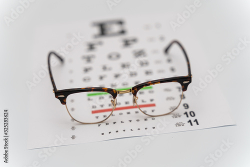 Eye Exam, The testing Board for verification of the patien. Vision test board optometrist with glasses
