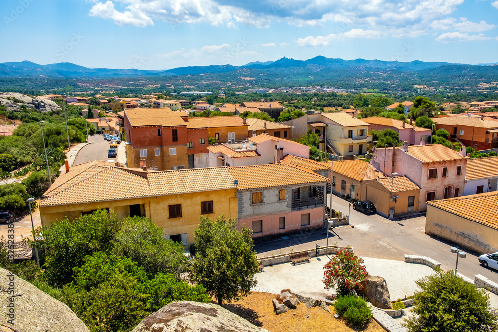 Arzachena, Sardinia, Italy - Panoramic view of the town of Arzachena, Sassari region of Sardinia, with surrounding mountains