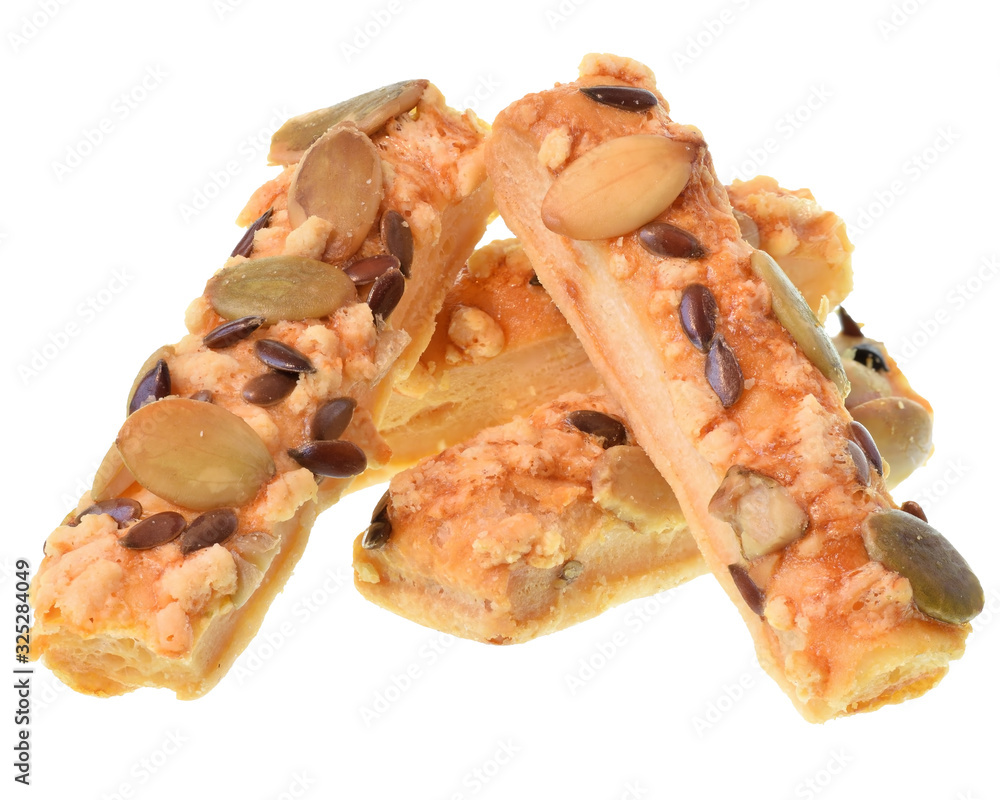 Mini seeded straws topped with cheese and seeds isolated Mini seeded straws topped with cheese and seeds isolated