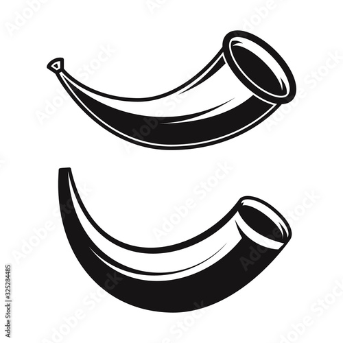 Illustration of hunting horn in engraving style. Design element for logo, label, sign, poster, t shirt. Vector illustration