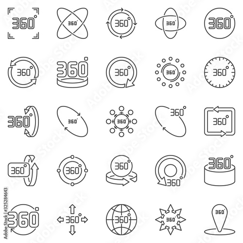 360 Degrees outline icons set. Vector 360 degree rotation concept symbols in thin line style