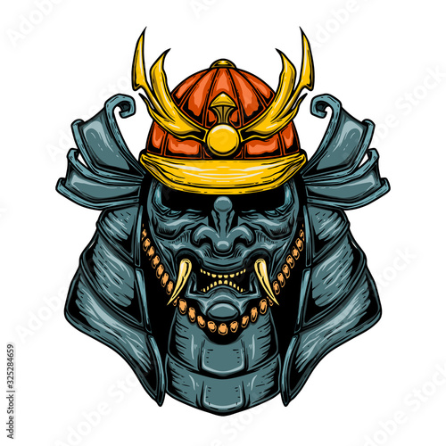 Illustration of japanese samurai warrior in engraving style. Design element for emblem, sign, poster, card, banner, flyer. Vector illustration