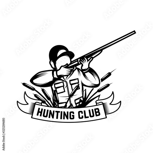 Hunting club.Illustration of hunter with rifle isolated on white background. Design element for logo, label, emblem, sign. Vector illustration