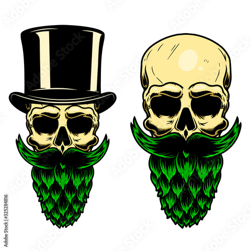 Human skull with the beard made from beer hop. Design element for poster, card, banner, flyer. Vector illustration