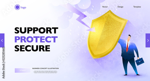 Business protection concept banner. Businessman rising the golden shield against rainstorm and lightning protecting himself from harm. Business vector illustration.