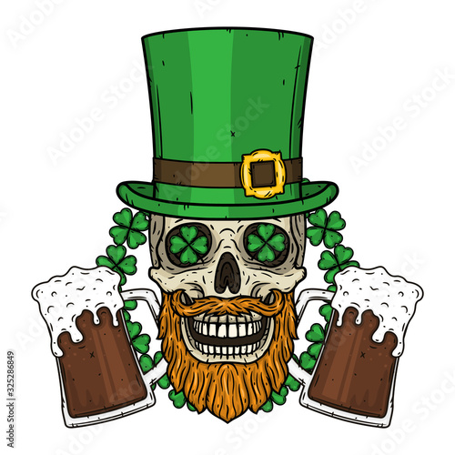 Skull. Irish skull. The skull of Saint Patrick's with green hat, glass beer and clover leaves. Saint Patricks Day illustration.