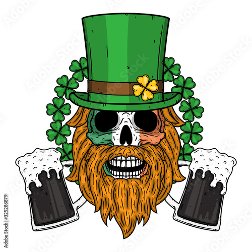 Skull. Irish skull. The skull of Saint Patrick's with green hat, glass beer and clover leaves. Saint Patricks Day illustration.