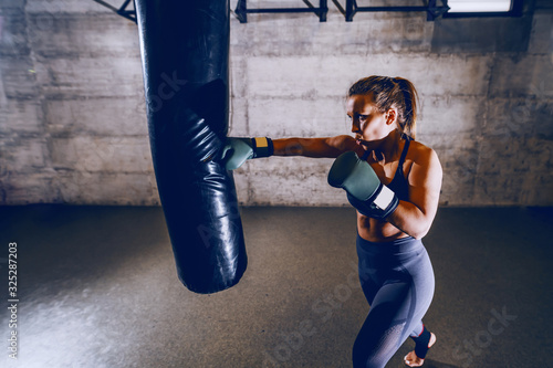 Young dedicated caucasian muscular female boxer in sportswear with ponytail and boxing gloves punching boxing bag while standing in the gym.