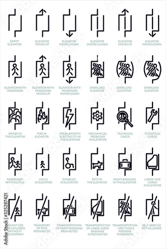 Set of icons for use in elevators. From simple driving directions to emergencies.