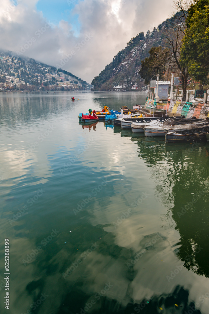 Beautiful scene of Nanital Lake, Mountains during winters in Nainital District of uttrakhand in INDIA