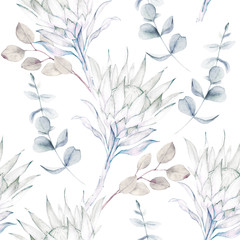 Handdoek met foto Aquarel bladerprint patronen Vintage protea en eucalyptus aquarel  © natikka
