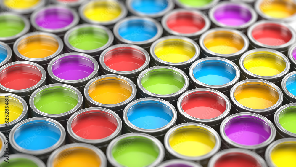 Paint cans color palette - 3d rendering Paint cans color palette - 3d rendering
